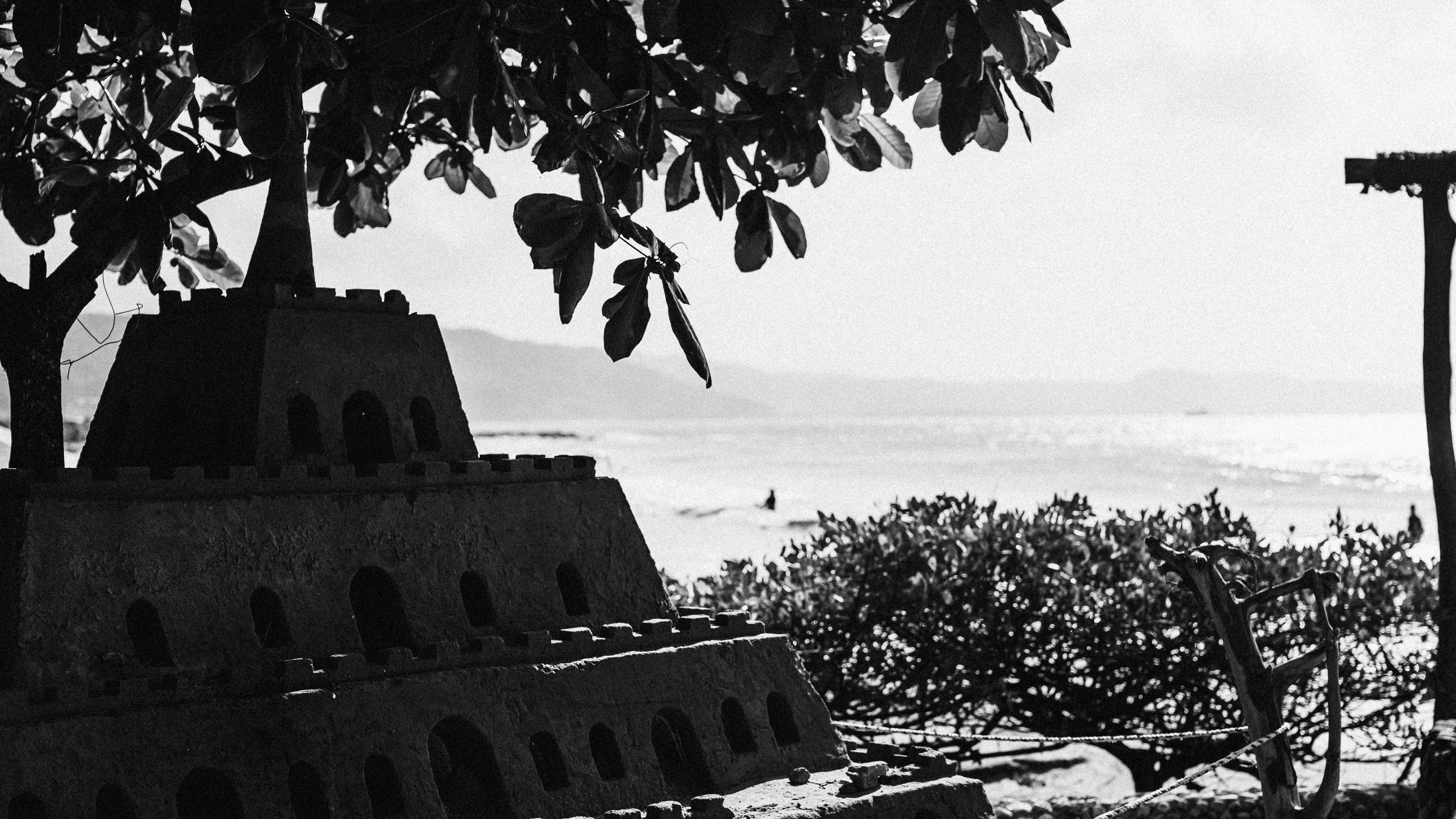 A coastal pavilion in black and white
