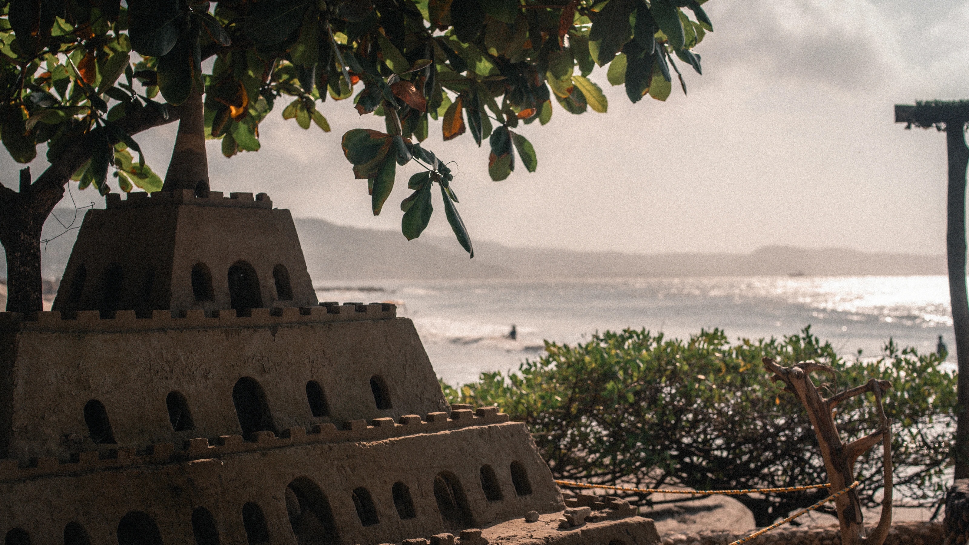 A coastal pavilion beneath tropical trees