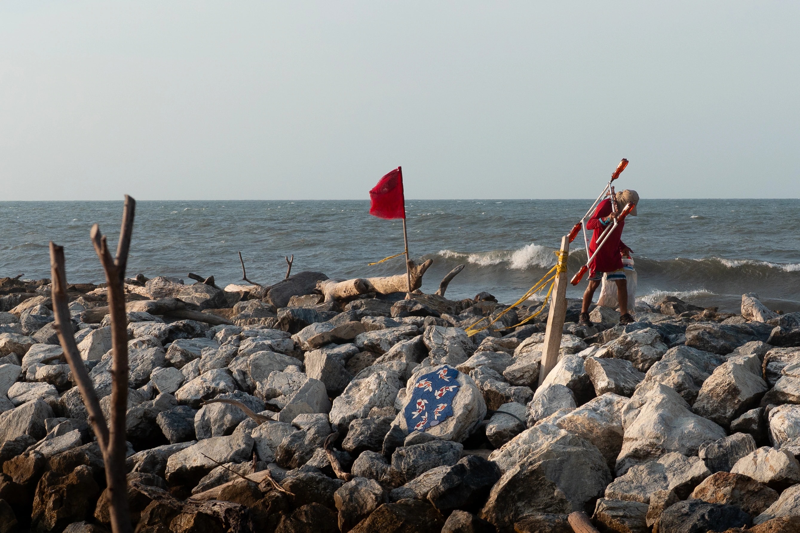 Red flags and figures on a rocky shoreline