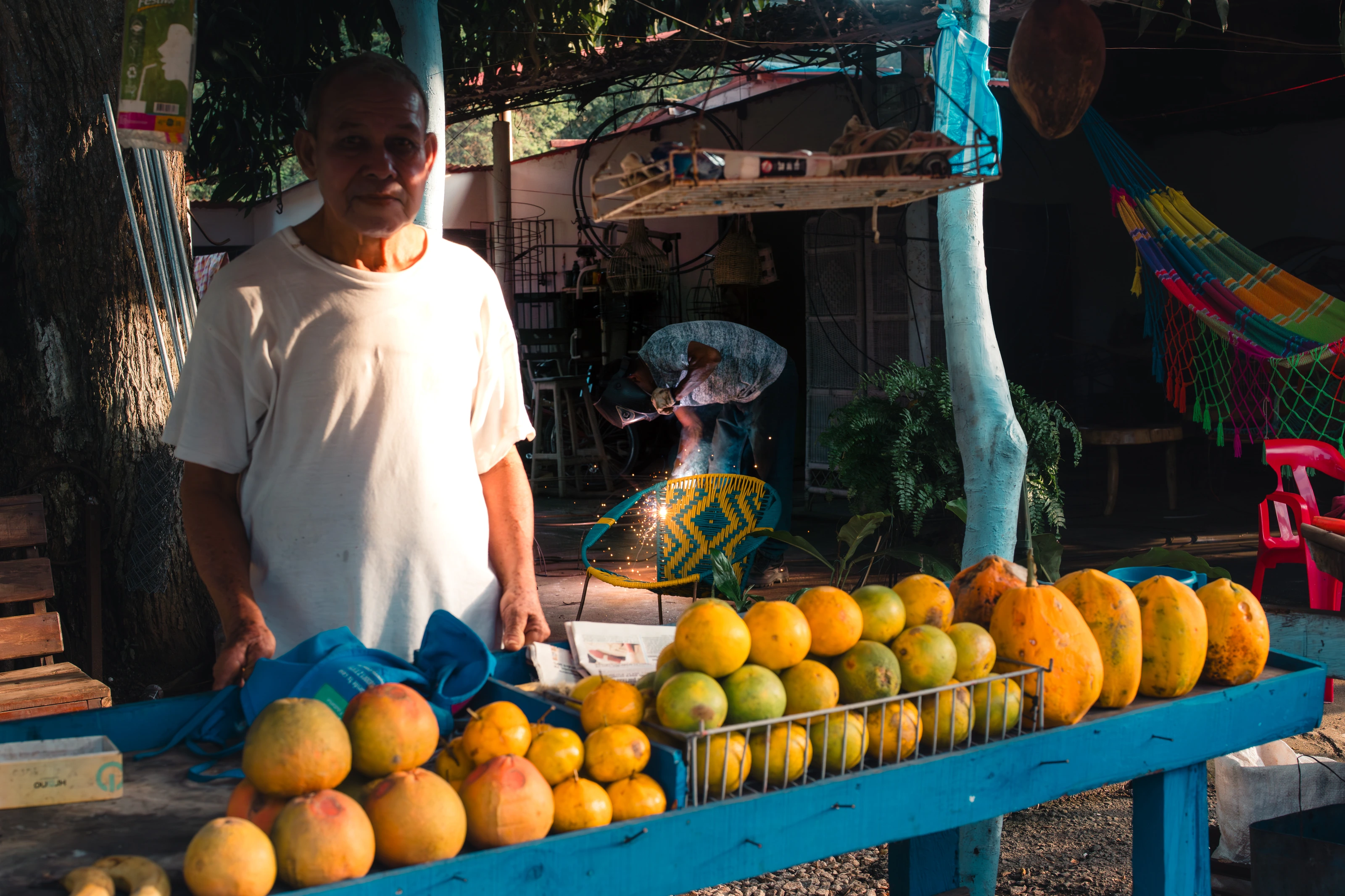 A fruit vendor behind a row of oranges