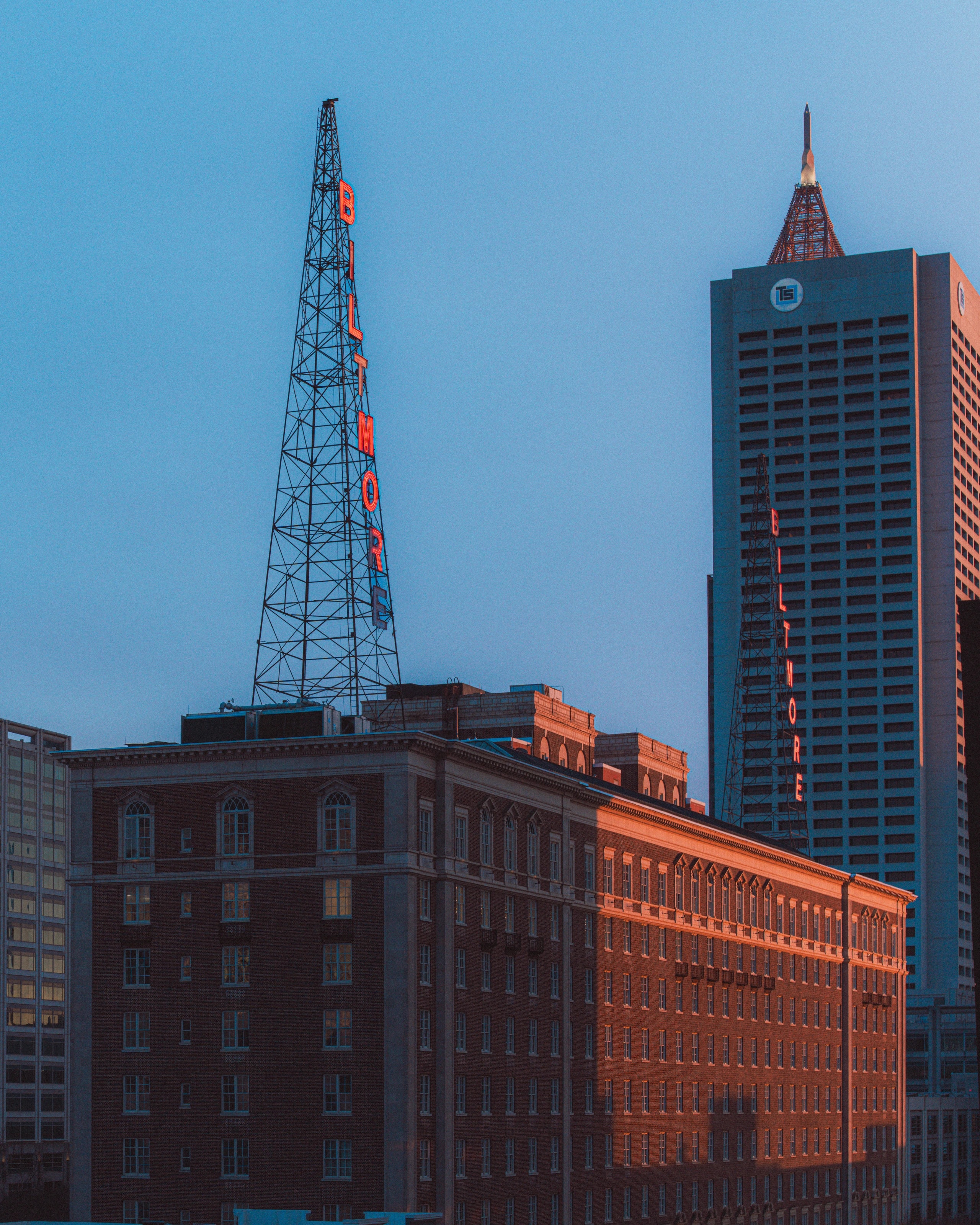 City buildings in evening light